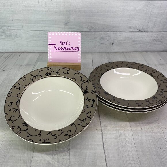 PTS International B Smith W Style FIORI Gray Rim Black Leaves 9" Bowls Set of 4 - Picture 1 of 16